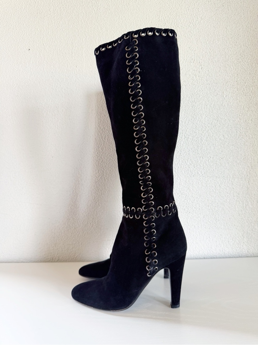 Prada Black Suede Whipstitch Eyelet Knee High Heeled Boots EU 39 - Picture 3 of 11